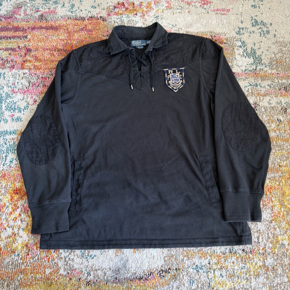 Vintage Polo Ralph Lauren RLPC Crest Quilted Lace-Up Rugby Shirt Black Men's XL